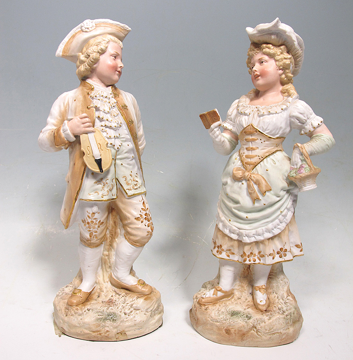 Antique German Hand Painted Bisque Colonial Charm Boy & Girl Figurines