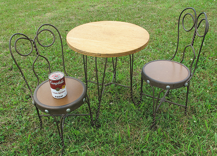 Vintage Child's Miniature Oak Ice Cream Parlor Set Table & Two Chairs