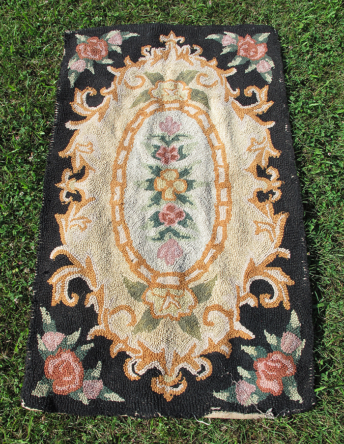Early 1900's Antique American Folk Art Primitive Hooked Rug Floral