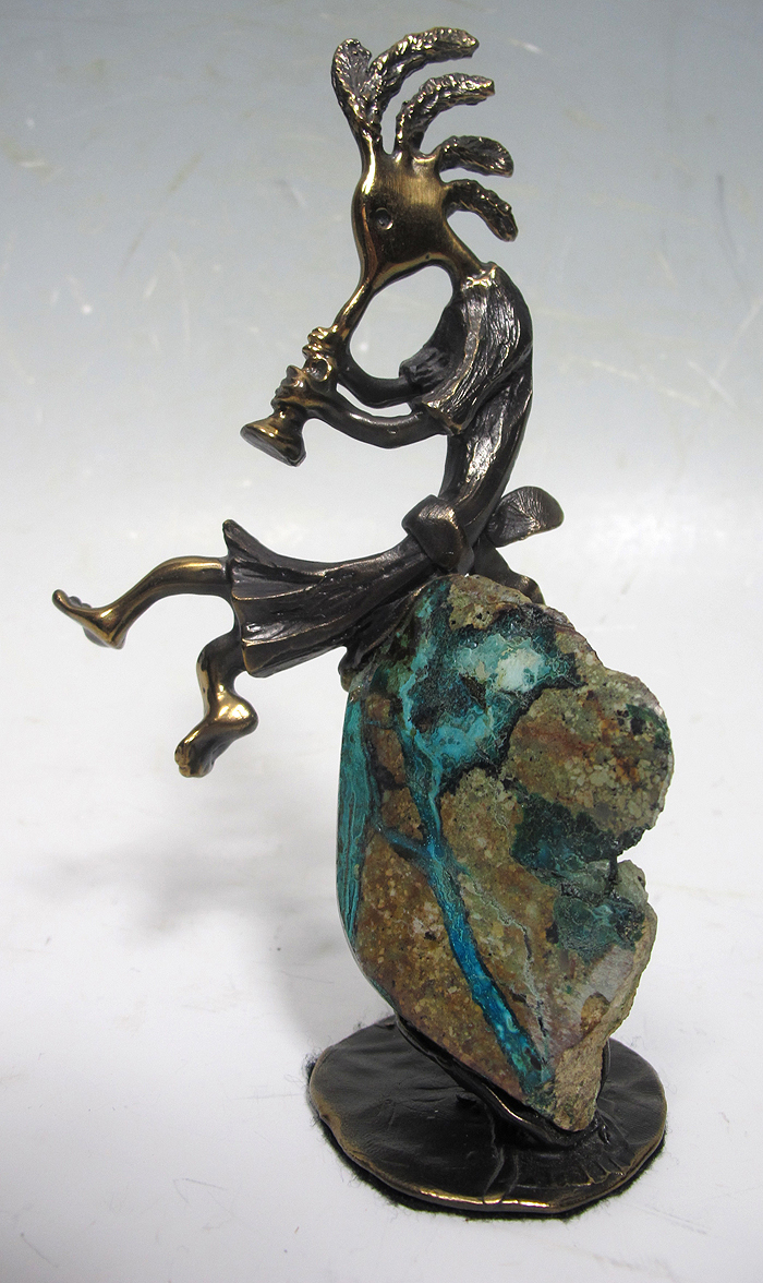 Vintage Signed Brass and Stone Kokopelli Kachina Figurine Statue